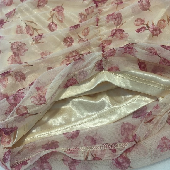 SBeteo Slip Lace Up Front Ruched Floral Mesh Mini Dress Women Size M - Picture 13 of 17